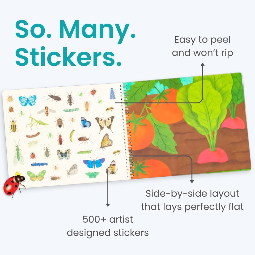 Cupkin Hello Bugs scene stickers on page 2 to support fine motor skills development