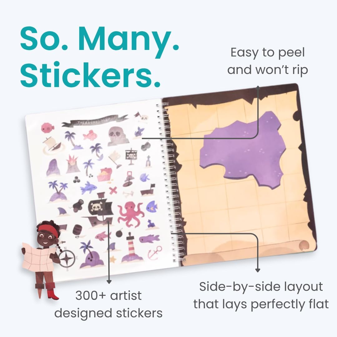Cupkin Pirate Sticker Book scene with beach treasure promotes pretend play