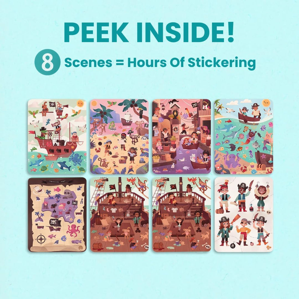 Cupkin Pirate Sticker Book scene with treasure chests enhances concentration during play