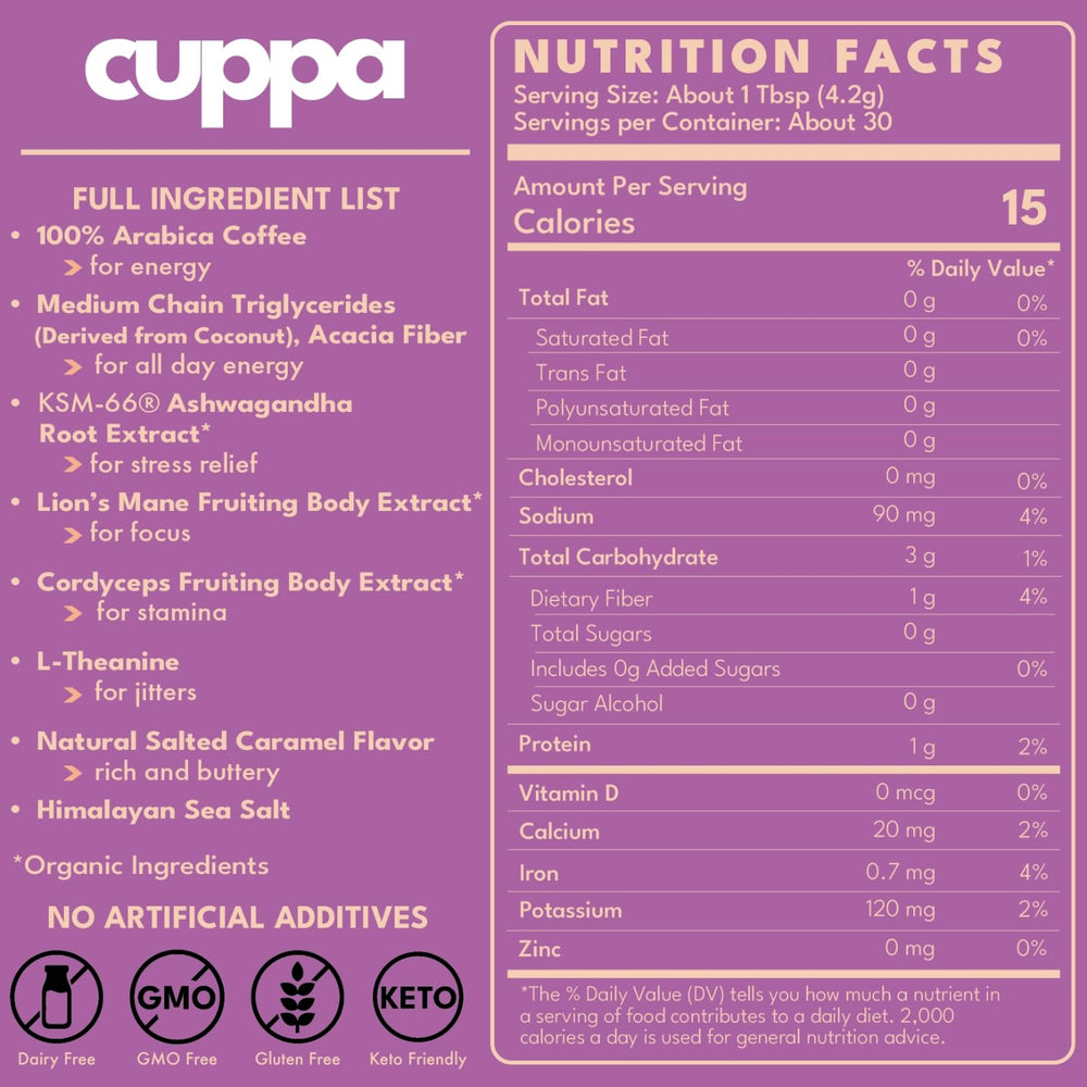 Cuppa Healthy Coffee bag packaging highlights convenience and adaptogens for daily use