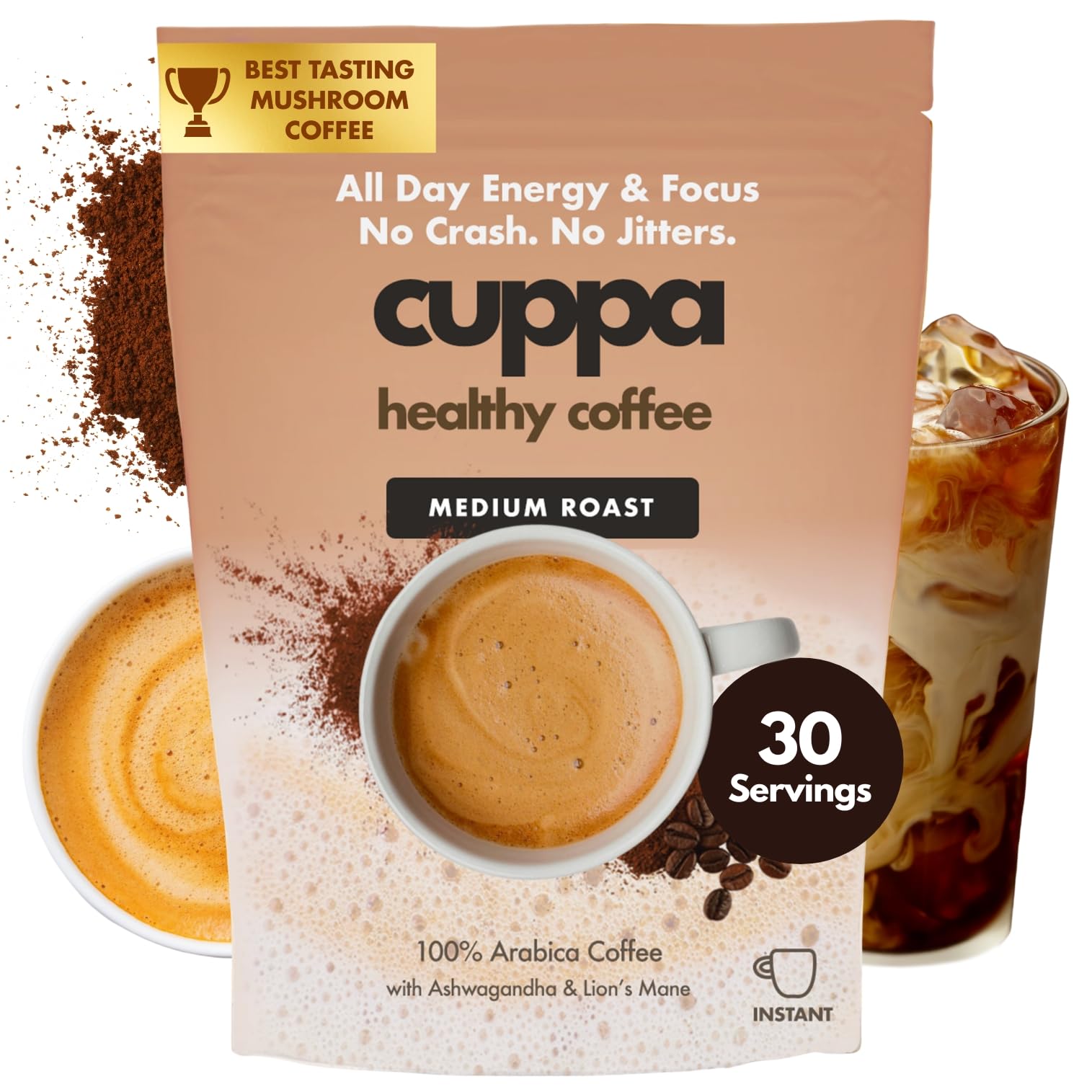 Cuppa Healthy Coffee bottle front shows the medium roast with adaptogens for balanced energy