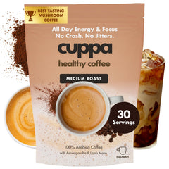 Cuppa Healthy Coffee bottle front shows the medium roast with adaptogens for balanced energy