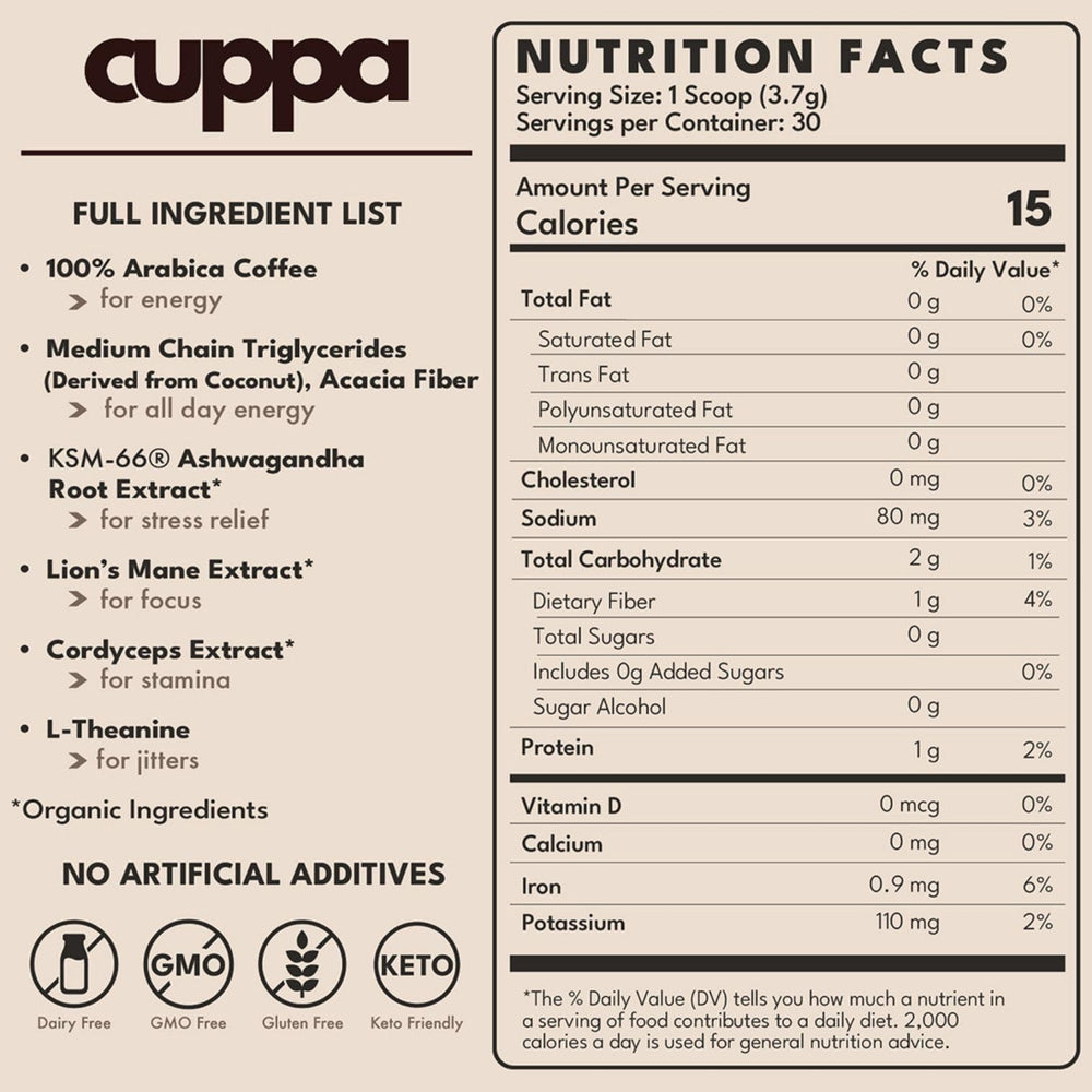 Cuppa Healthy Coffee label closeup reveals adaptogens and superfoods for daily focus