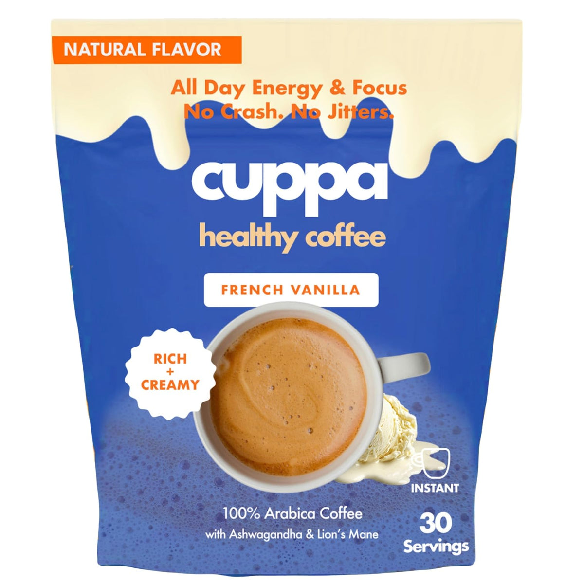 Cuppa Healthy Coffee French Vanilla pouring into a cup for an energizing morning.