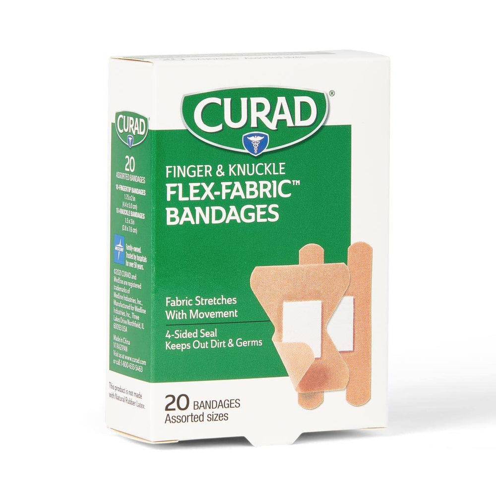 Curad Flex-Fabric finger bandage shows bendable weave for active use.