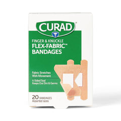 Curad Flex-Fabric knuckle bandage offers secure fit during motion.