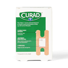 Curad Flex-Fabric bandage adhesive stays put when wet.