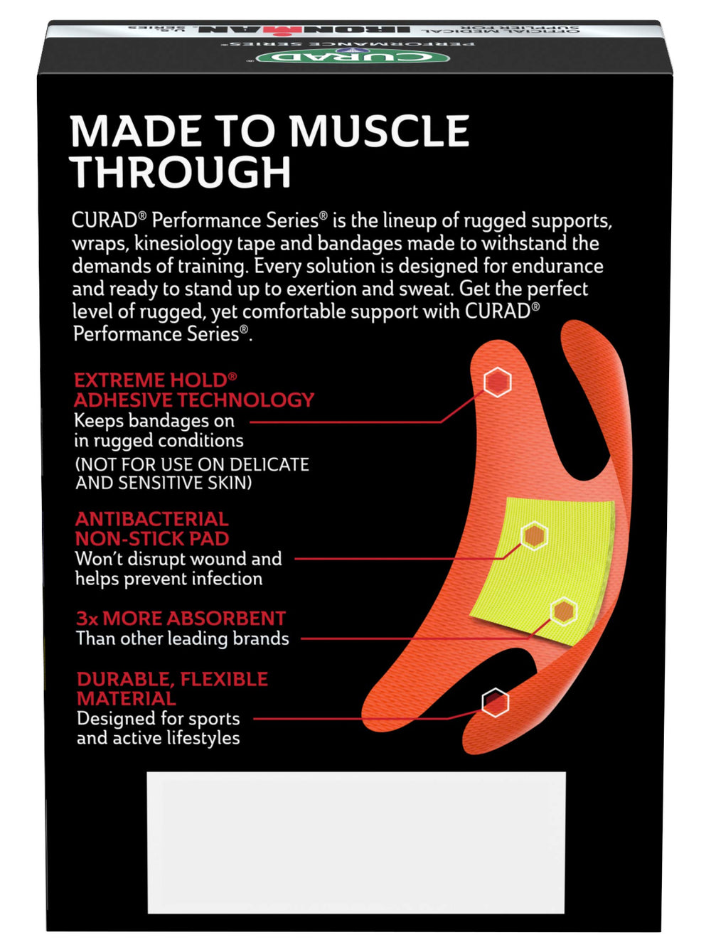 CURAD Ironman antibacterial pad detail for clean, comfortable wear