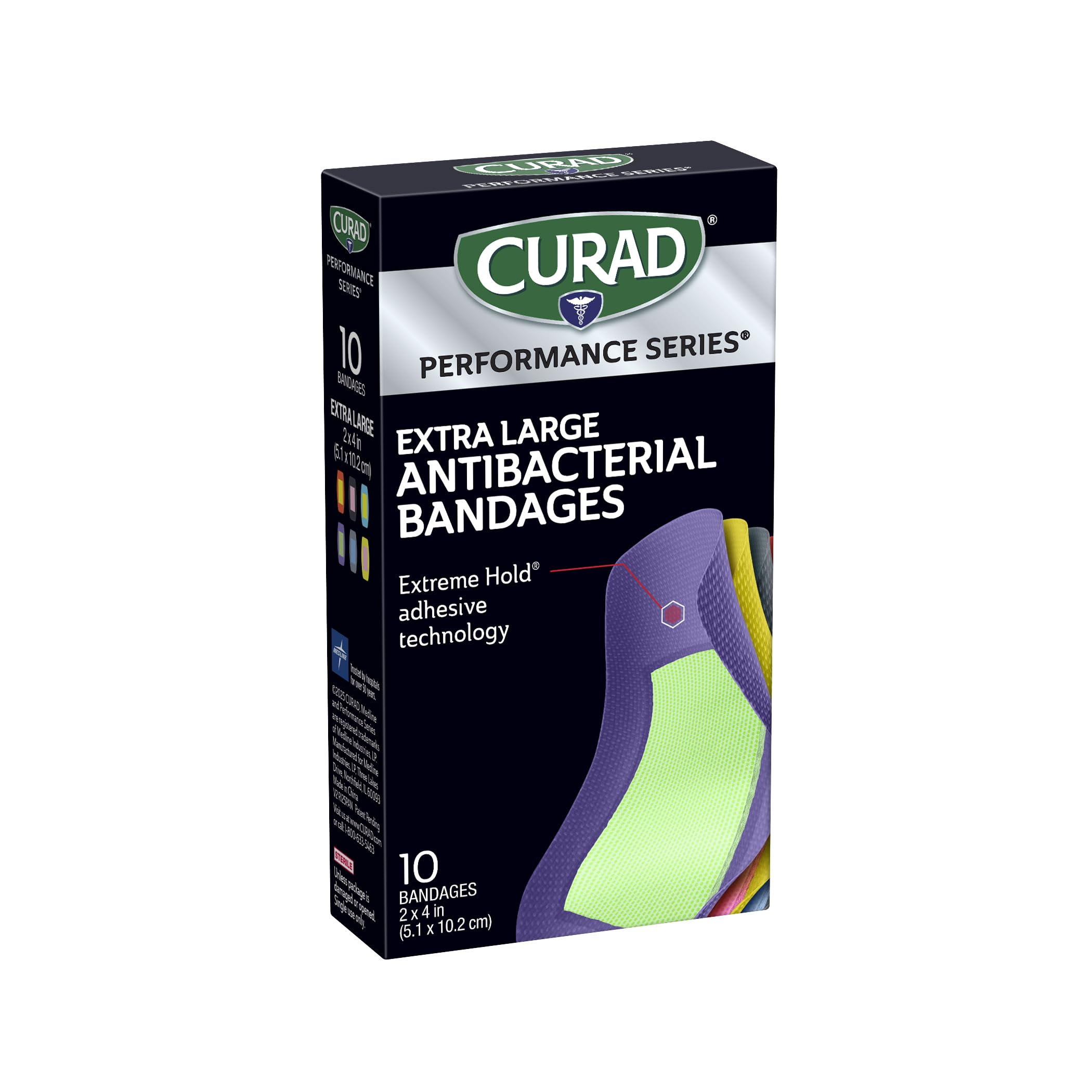 CURAD Performance antibacterial pad image highlights 0.8% benzalkonium chloride for infection prevention