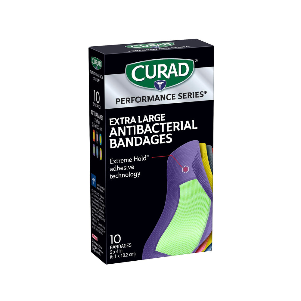 CURAD Performance antibacterial pad image highlights 0.8% benzalkonium chloride for infection prevention