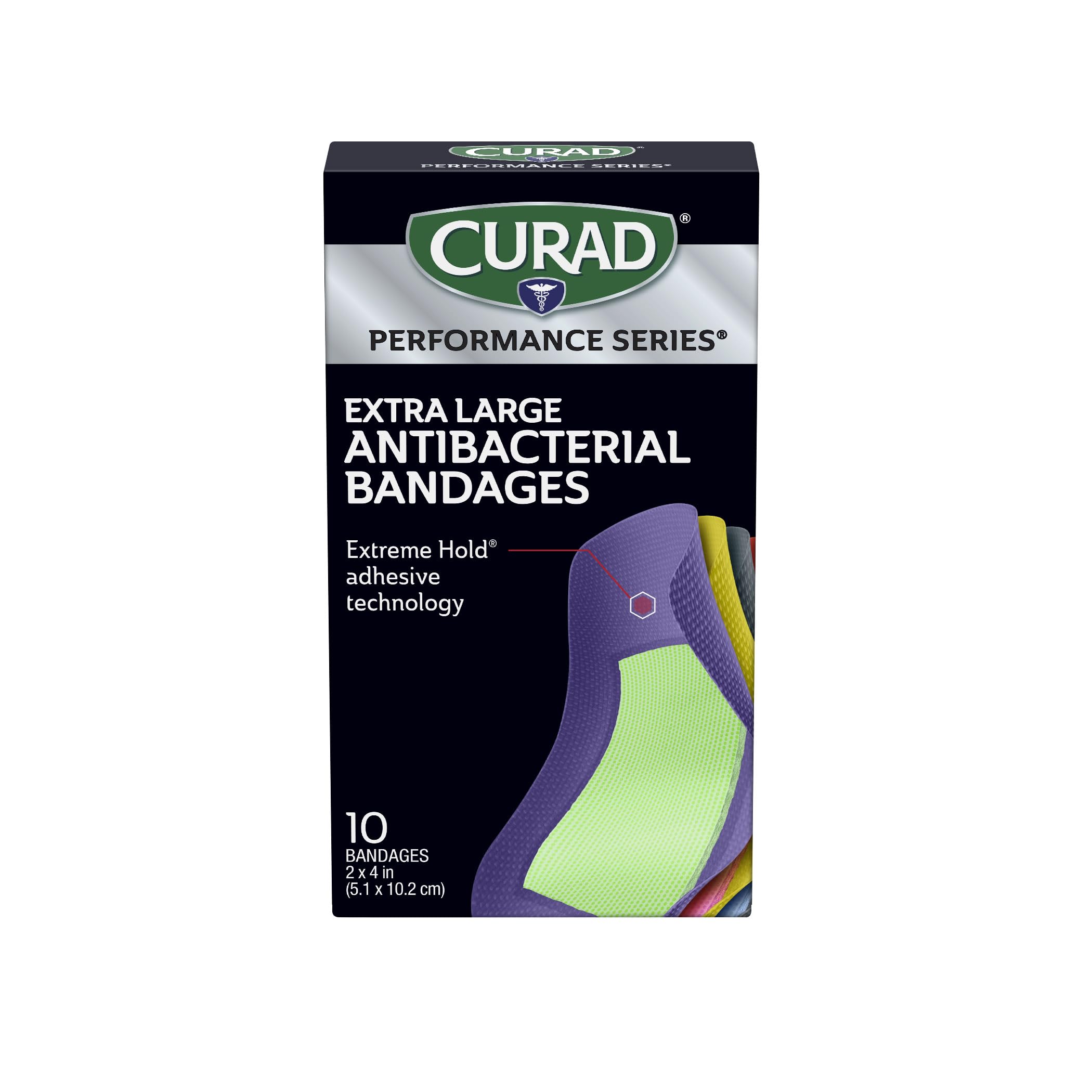 CURAD Performance extreme hold bandage close-up showing strong adhesive for active use