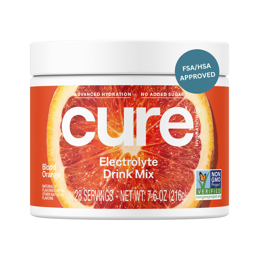 Cure Hydration Blood Orange jar front, ready for quick, sugar-free electrolyte hydration.