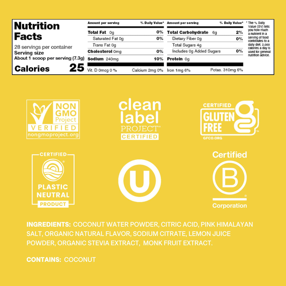 Cure Hydration coconut water ingredient highlights natural hydration support.