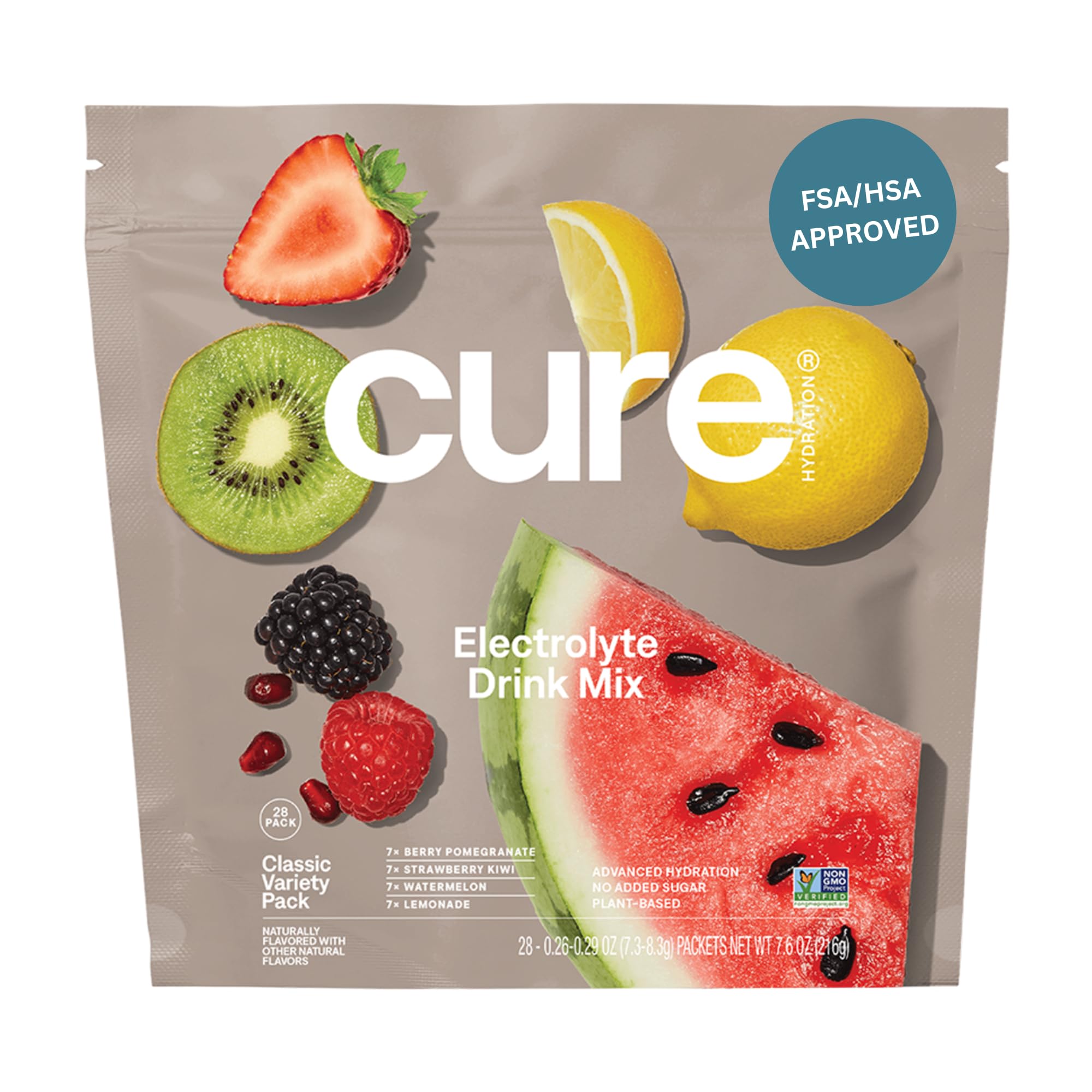 Cure Hydration front pack showing plant based electrolyte powder for portable hydration