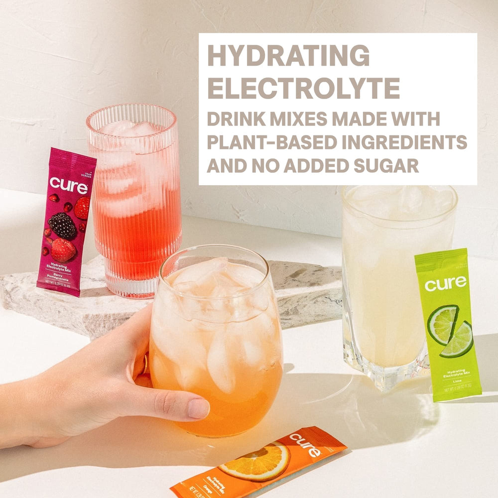 Cure Hydration fruit juice visuals indicating no added sugar and natural flavor