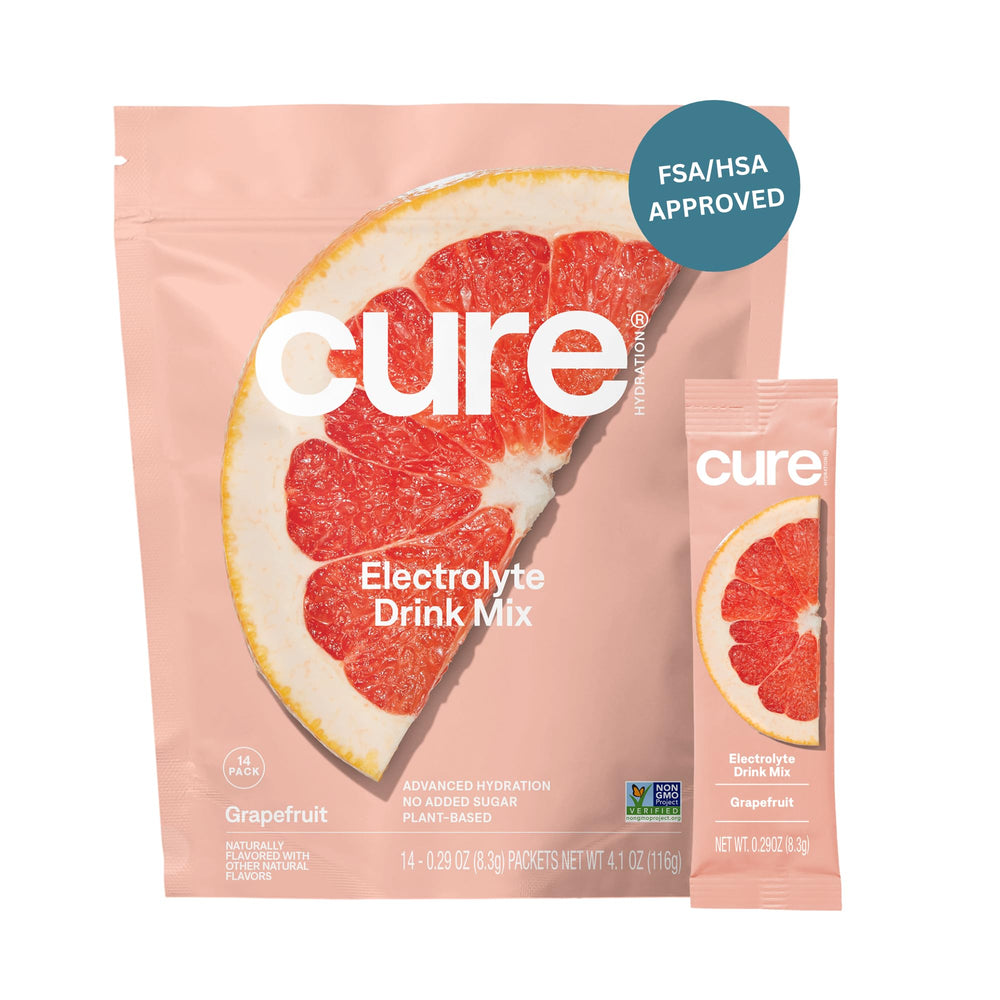 Cure Hydration grapefruit packets close-up for convenient daily hydration.