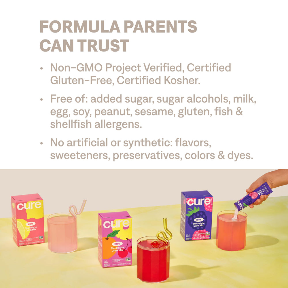 Cure Hydration Kids berry flavor in a glass of water