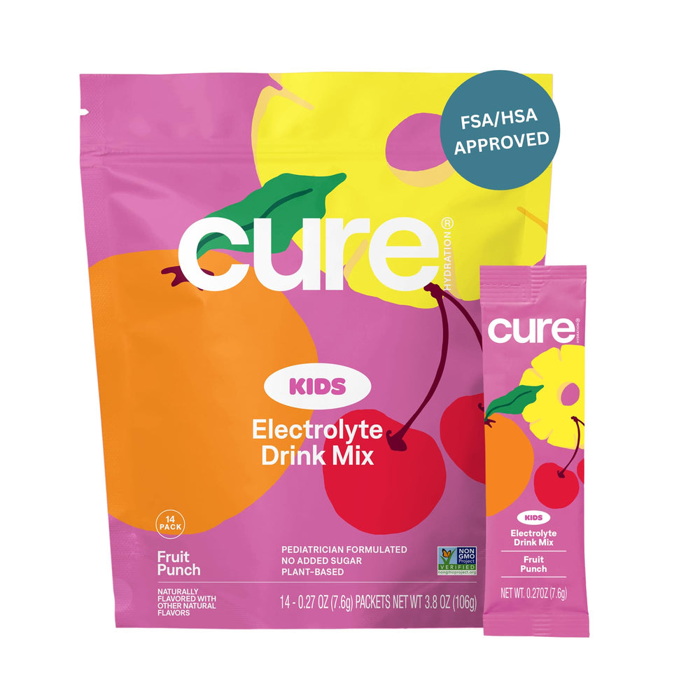 Cure Hydration Kids Electrolyte Drink Mix package front boosts hydration for active kids.