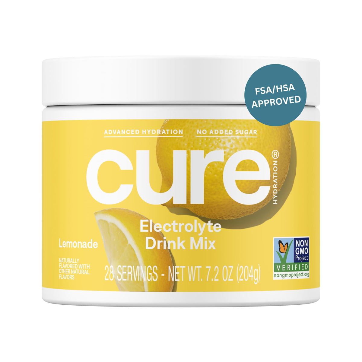 Cure Hydration Lemonade jar front for quick, refreshing hydration with plant-based electrolytes.