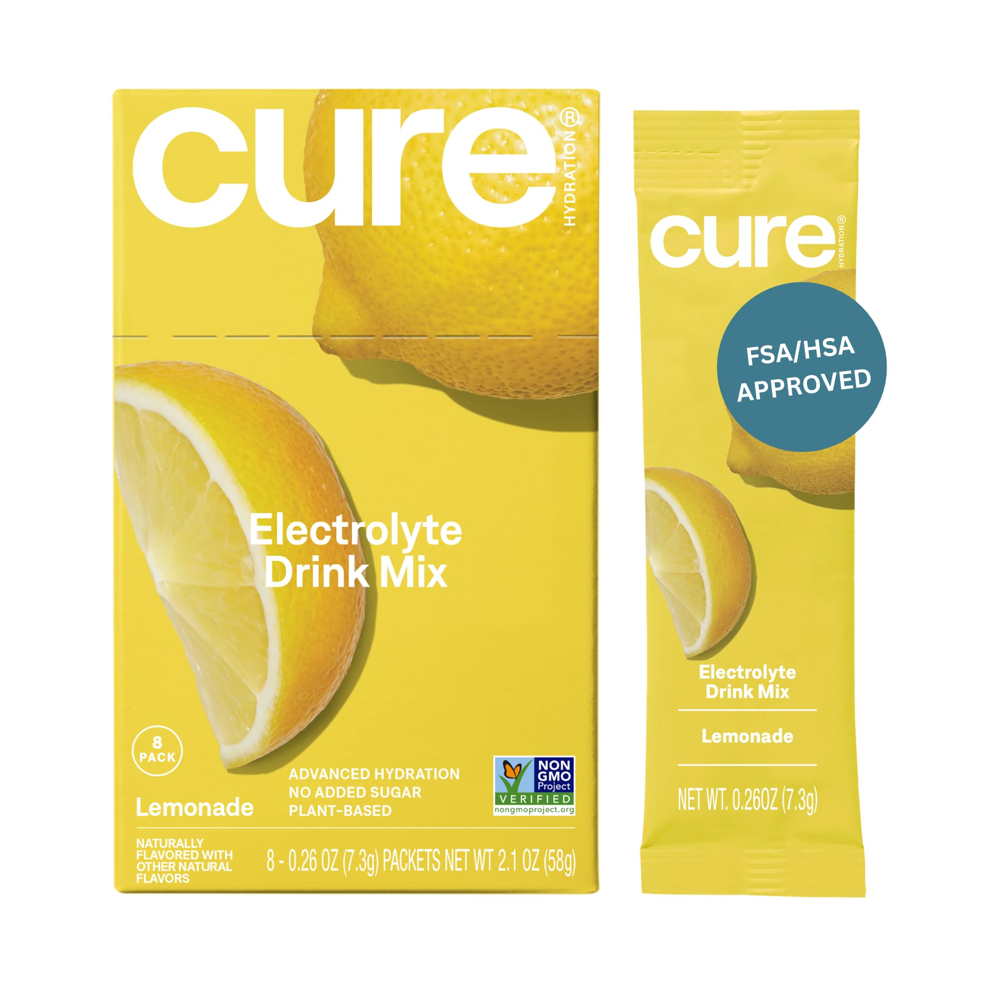 Cure Hydration Lemonade packet closeup for on-the-go hydration.