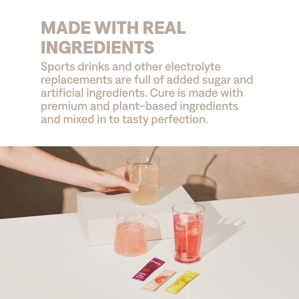 Cure Hydration non GMO vegan label highlighting plant based electrolyte support