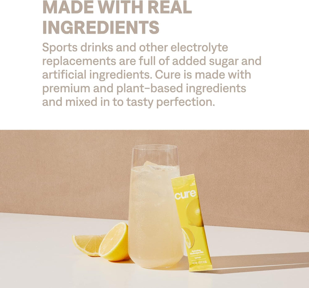 Cure Hydration packet dissolving shows convenient on-the-go preparation.