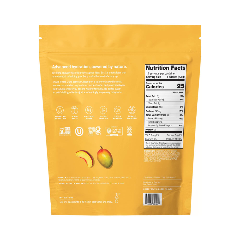 Cure Hydration peach mango packet poured into water for fast hydration