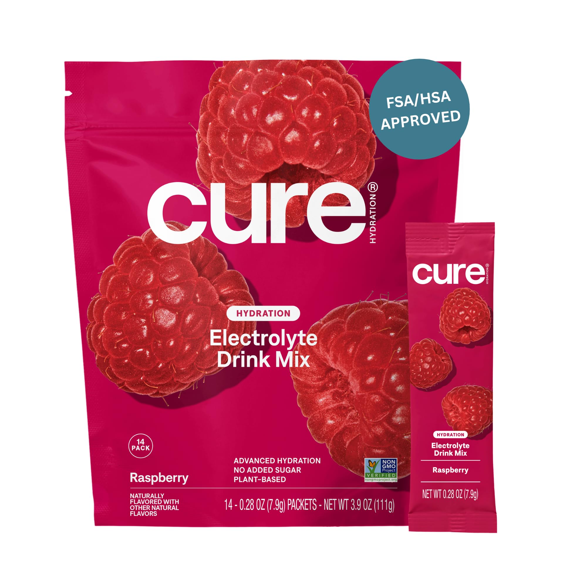 Cure Hydration Raspberry packet being poured into water for quick hydration