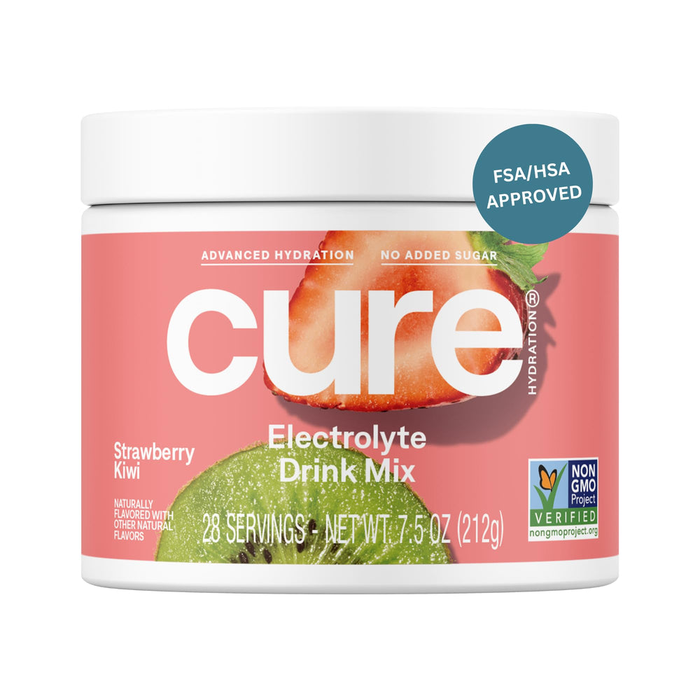 Cure Hydration jar with strawberry kiwi flavor for daily hydration.