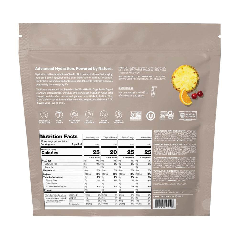 Cure Hydration tropical pack packets ready to mix for quick rehydration after workouts.