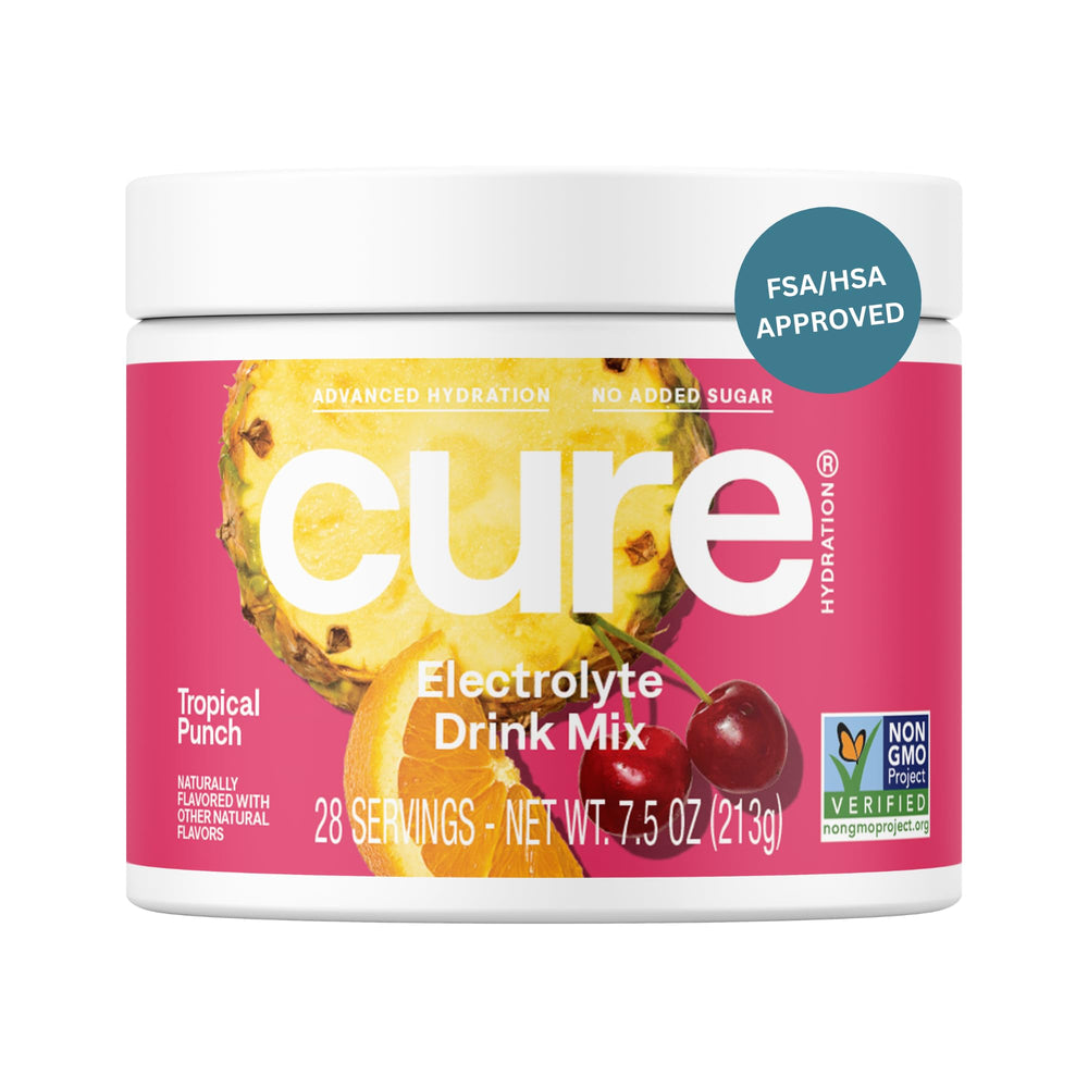 Cure Hydration Tropical Punch bottle with plant-based electrolytes for refreshing hydration.