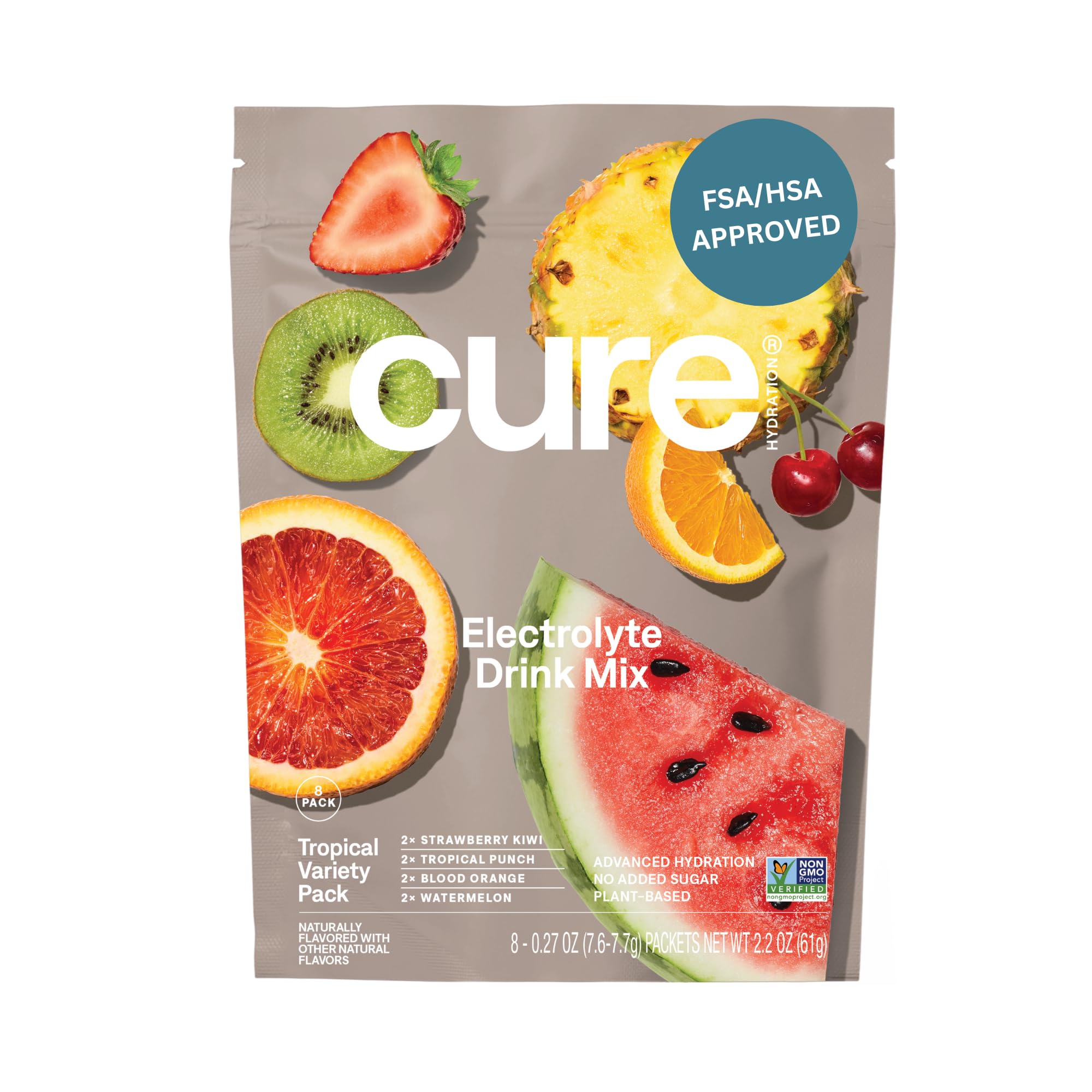 Cure Hydration tropical variety pack bottles showing plant-based electrolyte drink for on-the-go hydration