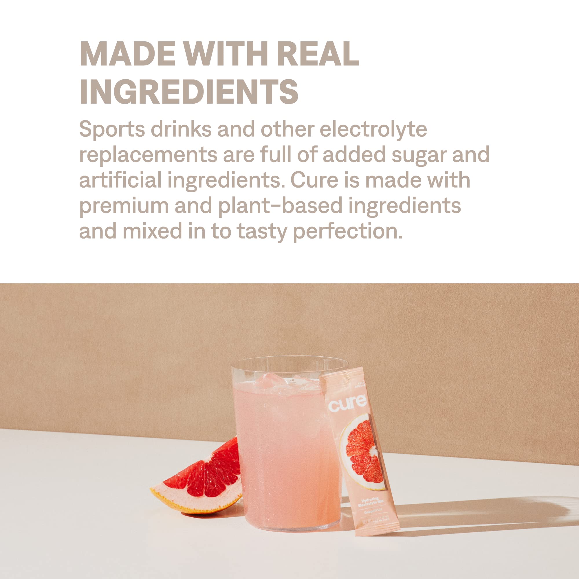 Cure Hydration vegan and non-GMO certification emblem on packaging.