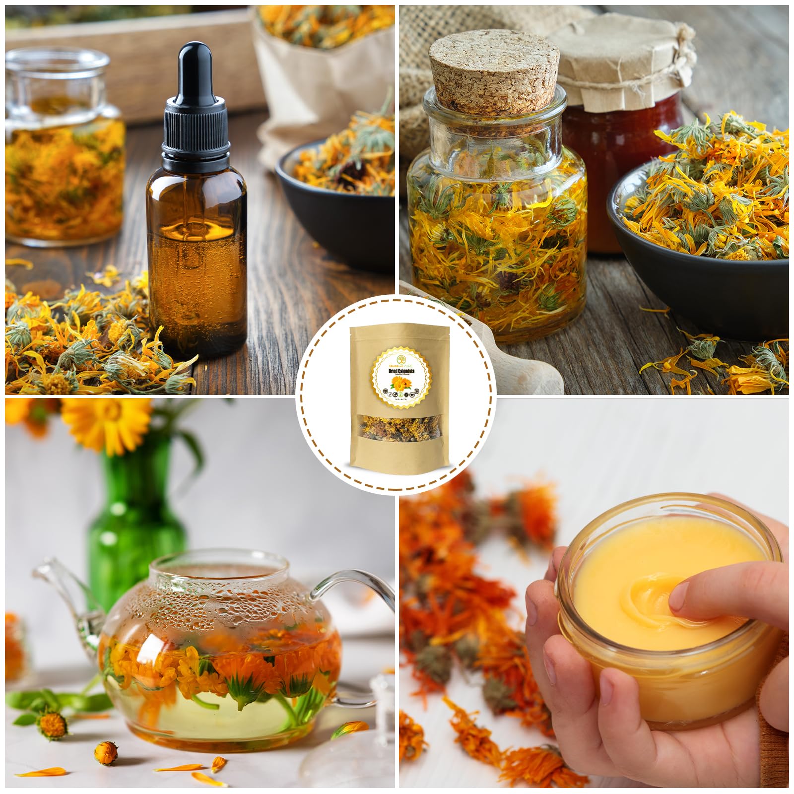 Cure Wid Pure calendula petals for bath blends and relaxing soaks.