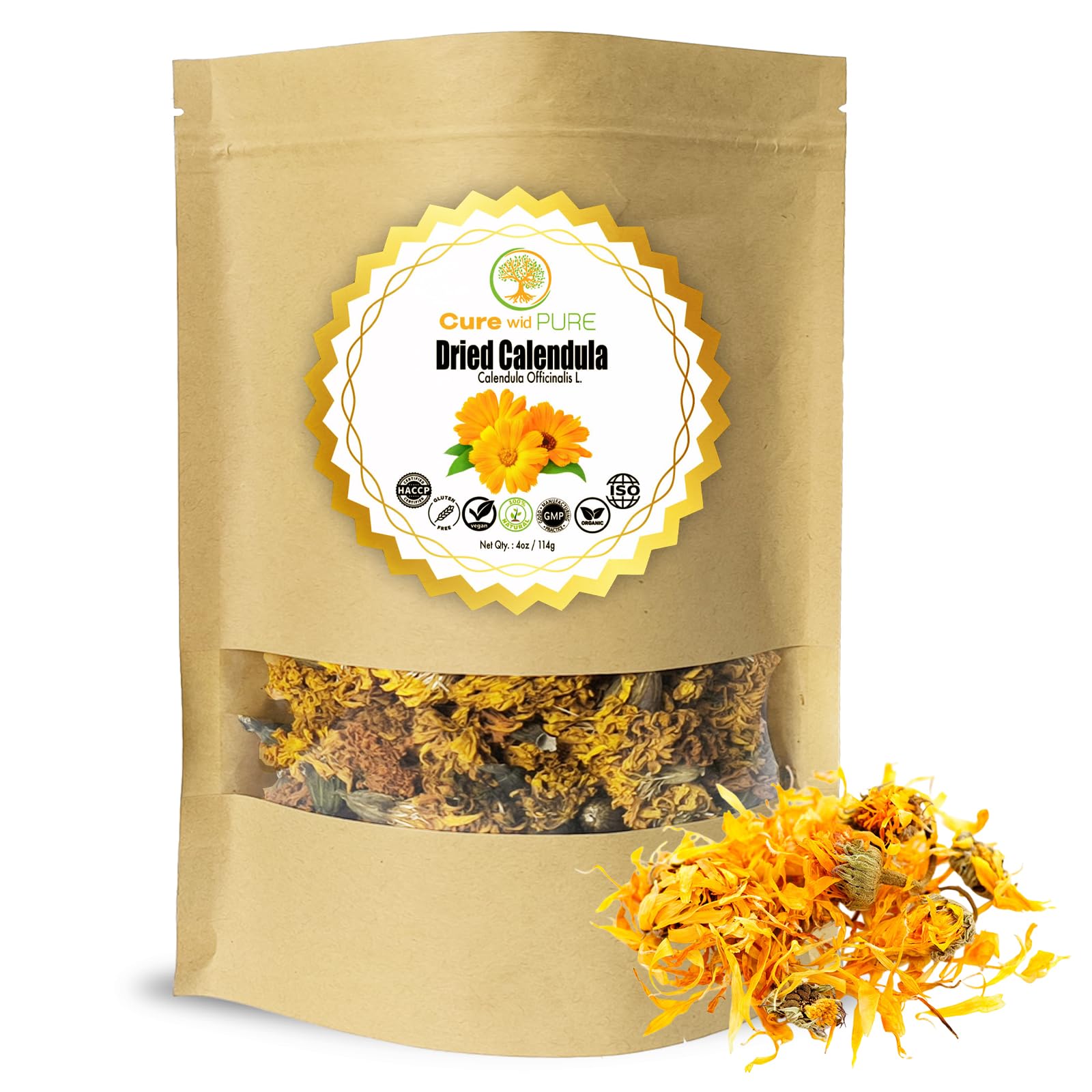 Cure Wid Pure calendula flowers dried in a 4 oz pouch, ideal for tea and skincare.