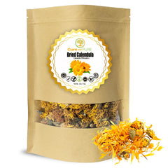 Cure Wid Pure calendula flowers dried in a 4 oz pouch, ideal for tea and skincare.