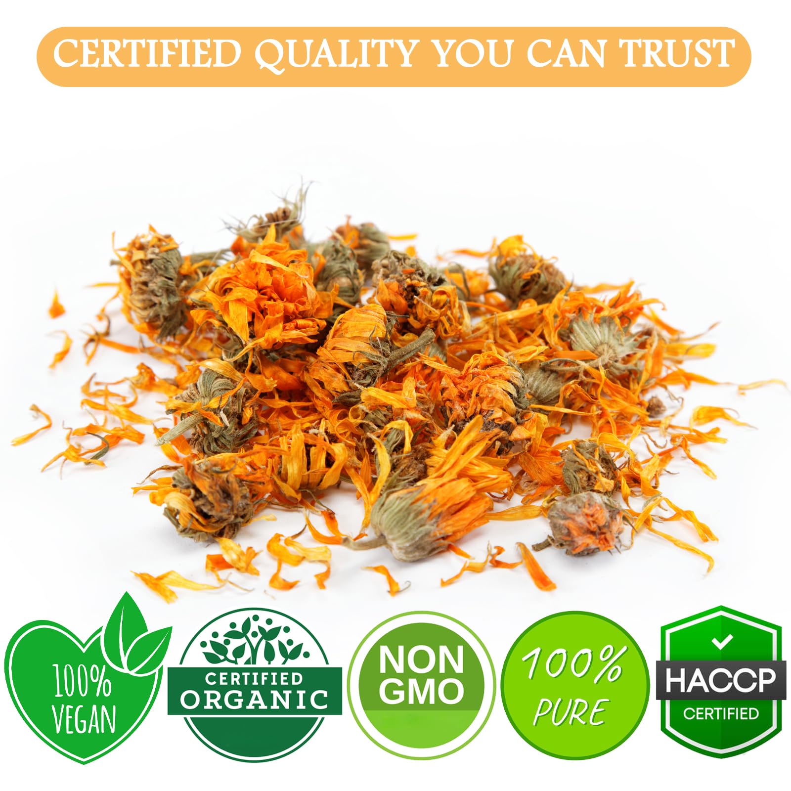 Cure Wid Pure dried calendula flowers ready to steep into soothing tea.