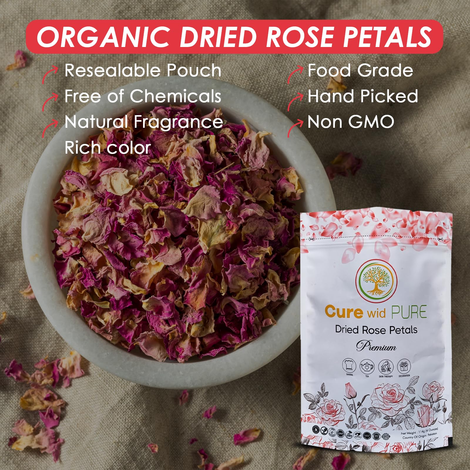 Cure Wid Pure non-gmo chemical-free rose petals for edible use.
