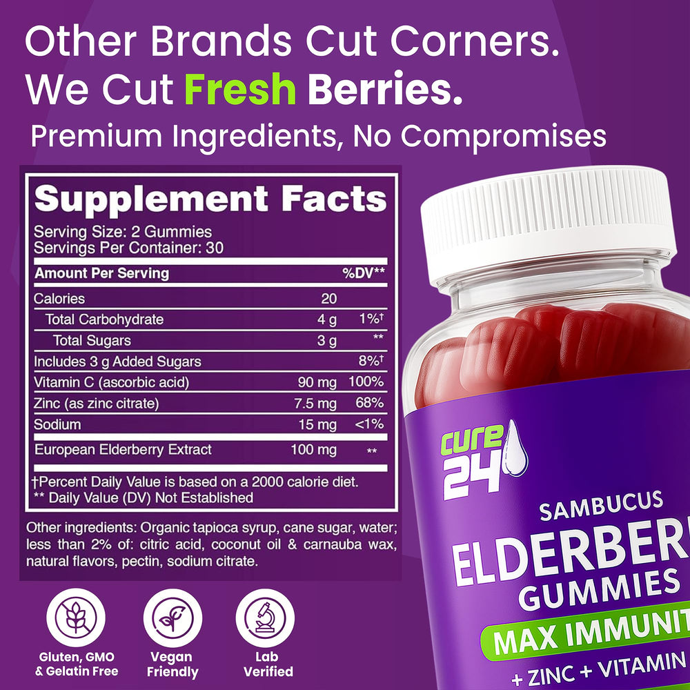 Ingredients panel shows elderberry, vitamin C, and zinc on Cure24 Gummies.