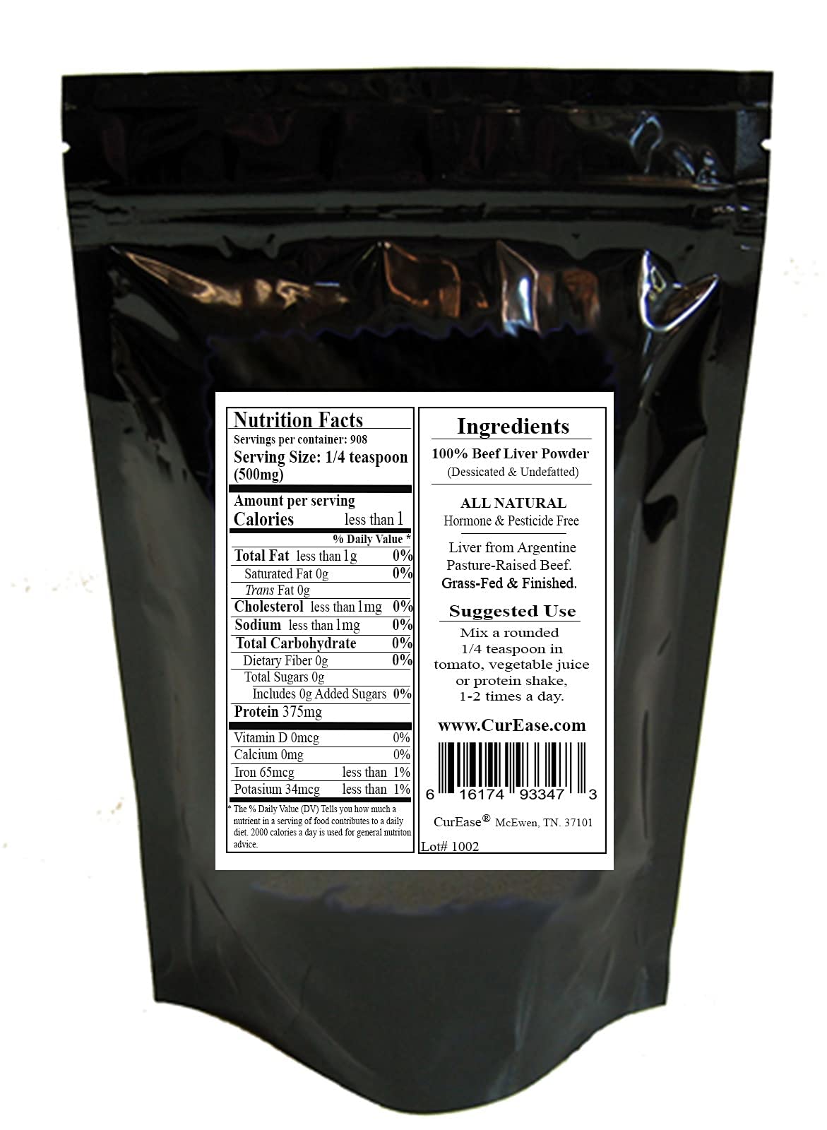 CurEase desiccated beef liver powder jar closeup shows pure nutrition