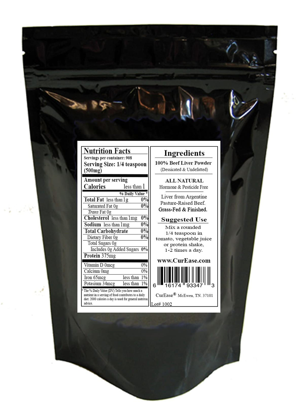 CurEase desiccated beef liver powder jar closeup shows pure nutrition