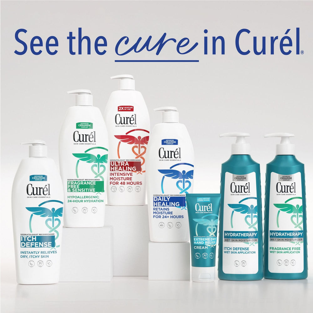 Night-use scene with Curel Daily Healing lotion on leg for overnight hydration.