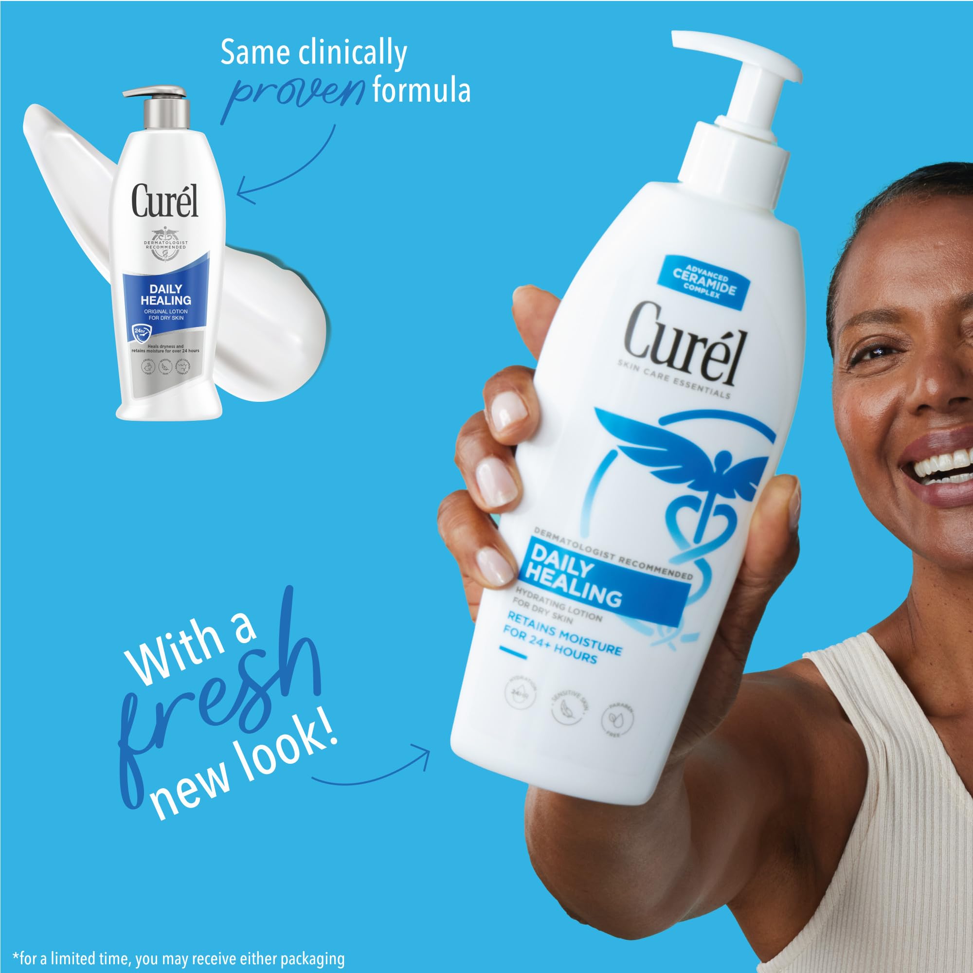 Close-up of the pump on Curel Daily Healing lotion emphasizing fast absorption.