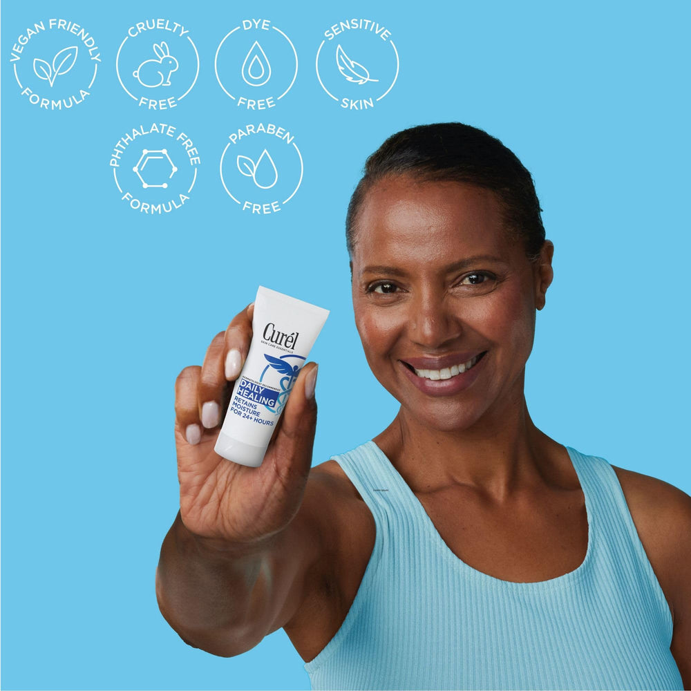 Curel Daily Healing Body Lotion texture close-up shows a silky, non-greasy finish.