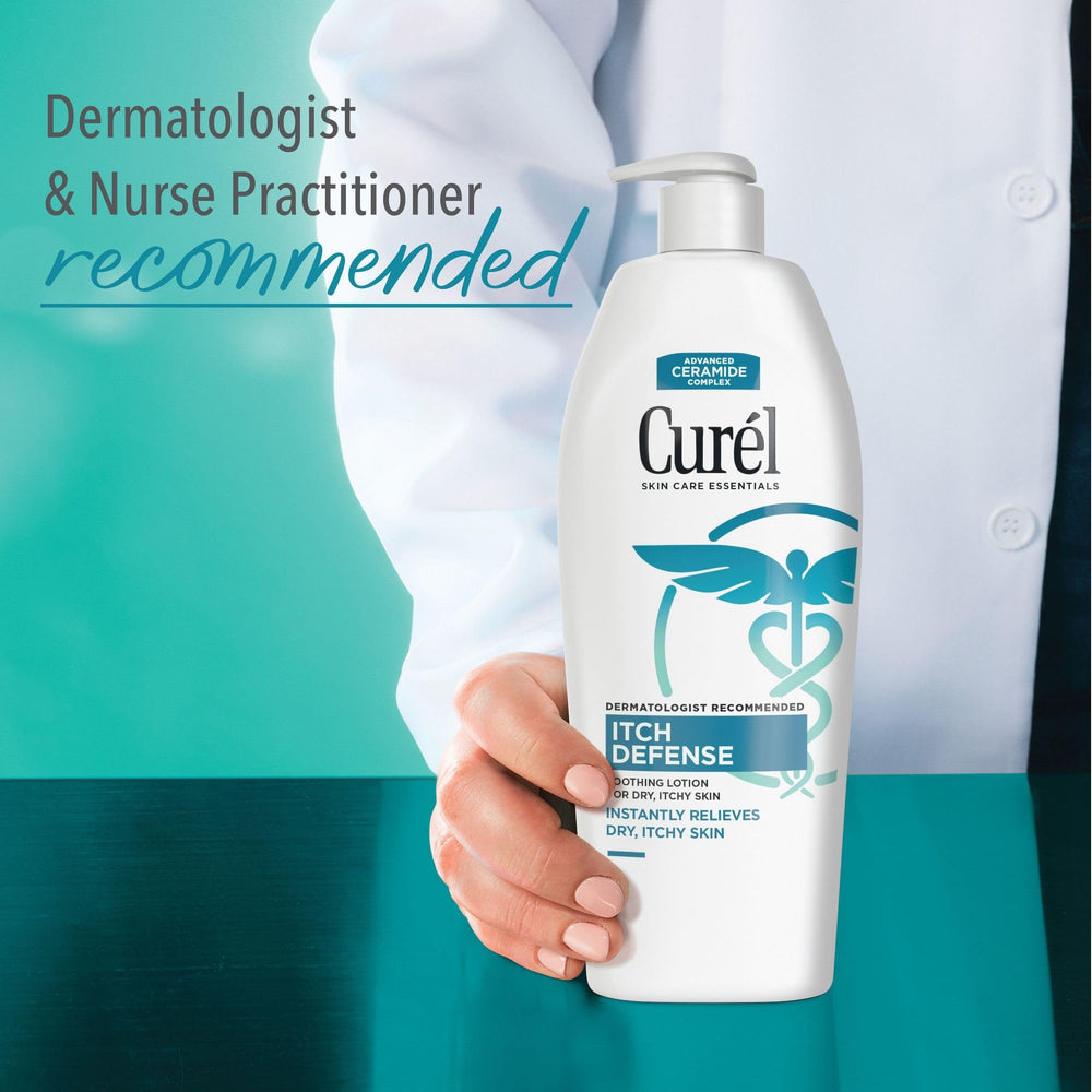 Hands applying Curel Itch Defense lotion for everyday relief.