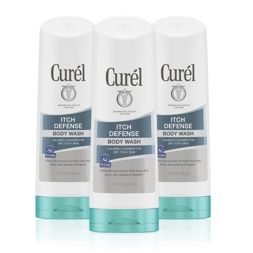 Curel Itch Defense bottle on shelf, fragrance-free formula ideal for dry skin.