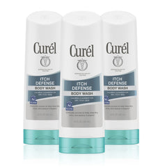 Curel Itch Defense bottle on shelf, fragrance-free formula ideal for dry skin.