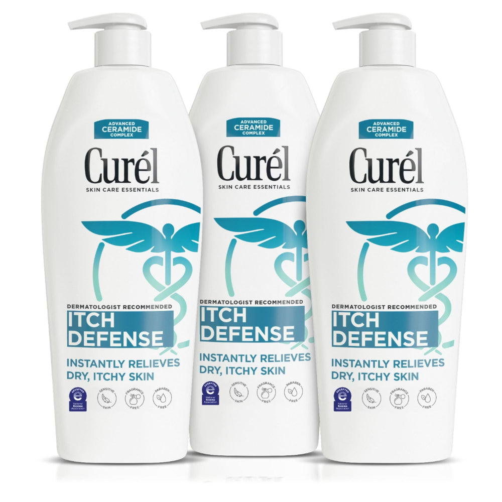 Curel Itch Defense bottle pour shows easy, soothing hydration for dry skin.