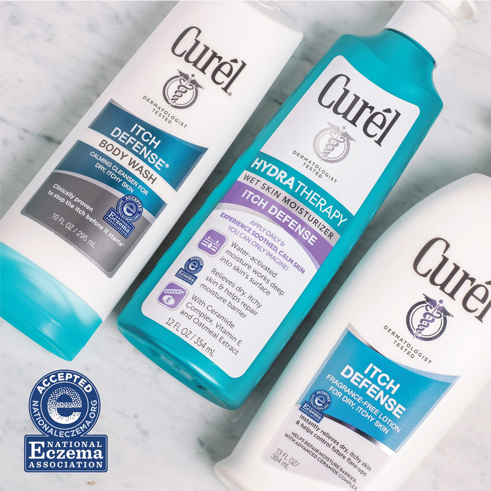Curel Itch Defense bottle pour, easy-lather cleansing for daily use.