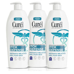 Curel Itch Defense bottle pour shows easy, soothing hydration for dry skin.